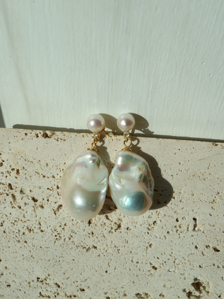 Luna Grace Double Baroque Pearl & CZ Drop Gold bridal wedding dangle drop Earrings