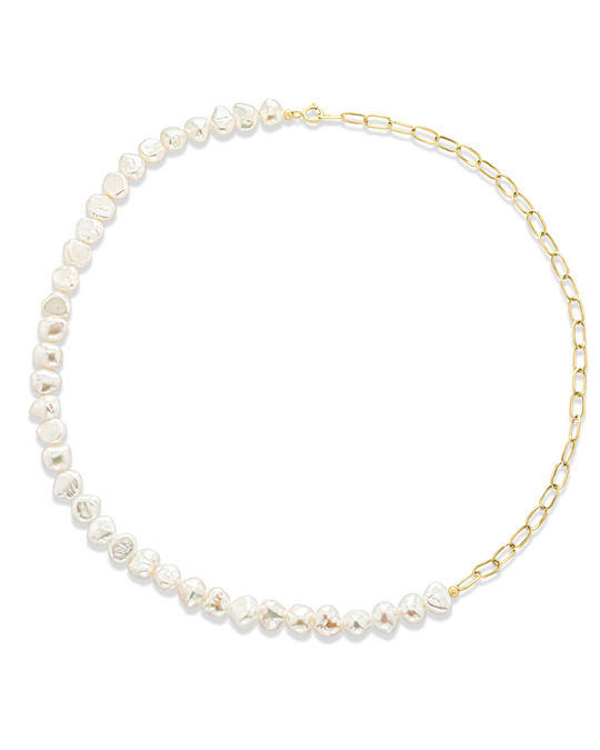 Handcrafted 18K solid gold Baroque Pearl Choker Necklace with unique baroque pearls and paperclip chain.