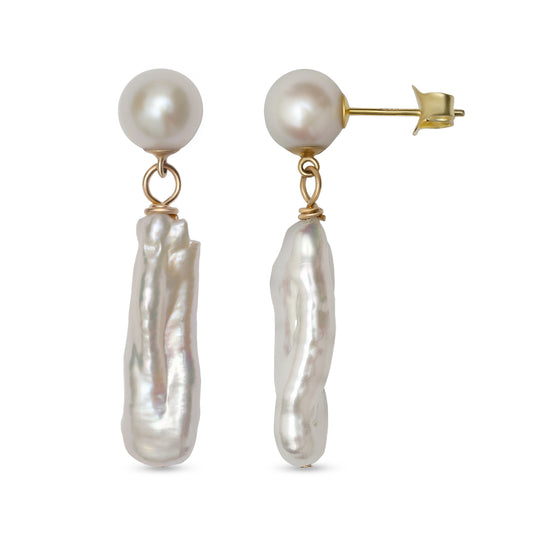 Chloe Biwa Earrings - Biwa and Round Pearl Drop Earrings in Sterling Silver