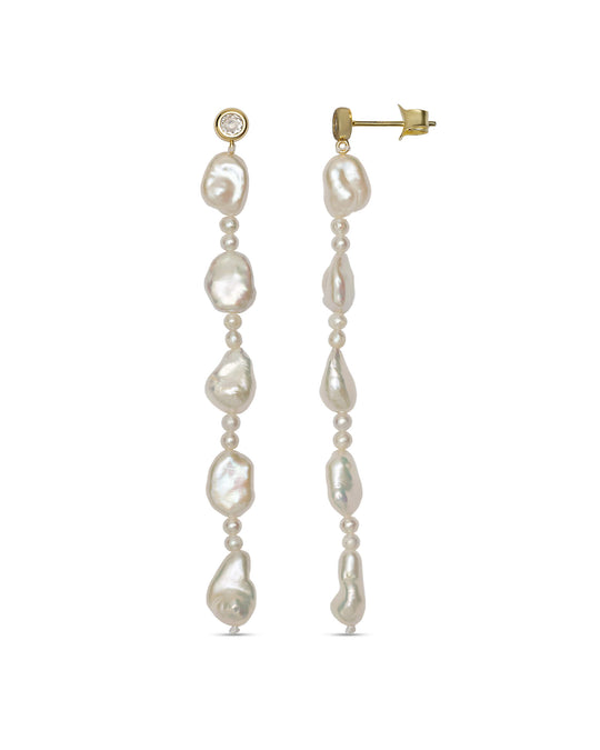 Keshi Earrings with delicate keshi pearls and smaller pearls interspersed, crafted from high-quality sterling silver.
