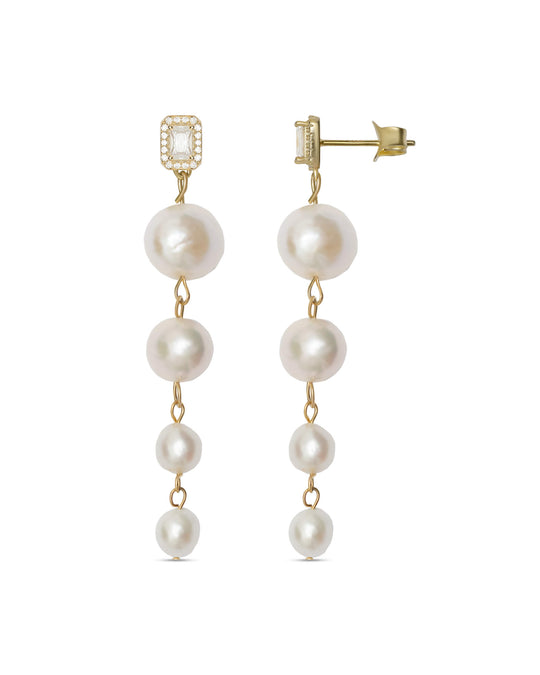 Gold-plated silver earrings with freshwater pearls and CZ stone, perfect for wedding and bridal wear
