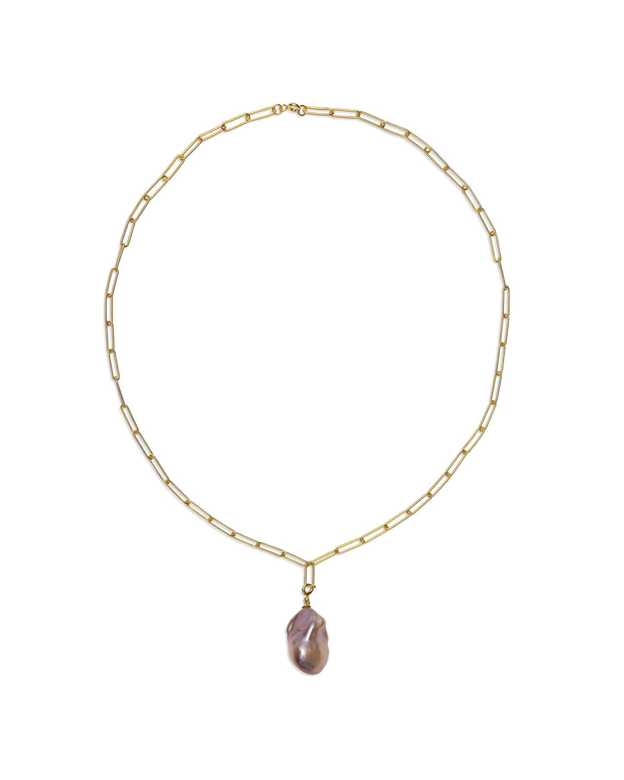 Gold-plated silver paperclip chain with detachable Rainbow Pink Baroque Pearl Pendant.