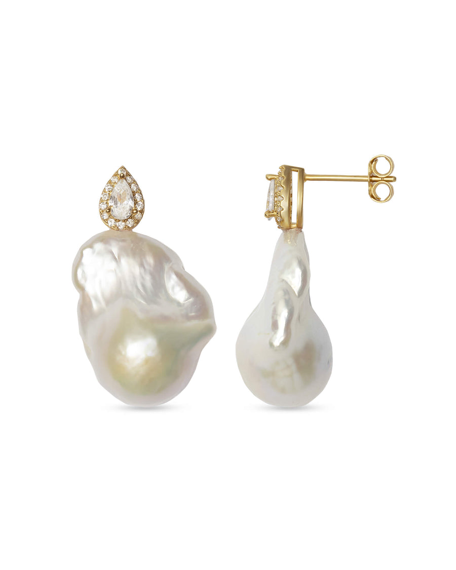 Giselle earrings made of high-quality sterling silver with a white baroque pearl at the bottom and a sparkling pear cut CZ at the top