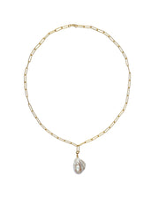 necklace with a white baroque pearl pendant on a delicate paper clip chain in gold-plated or rhodium-plated sterling silver