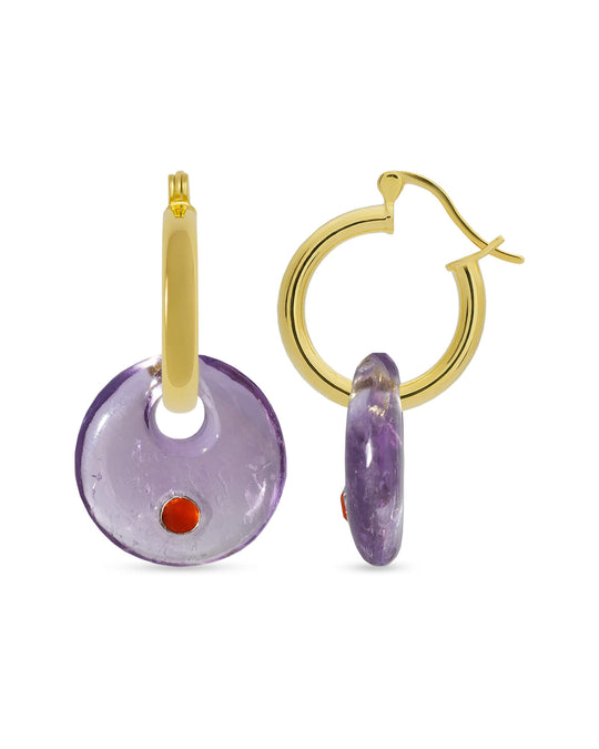 natural amethyst and carnelian artisan charms on gold vermeil silver hoop earrings 