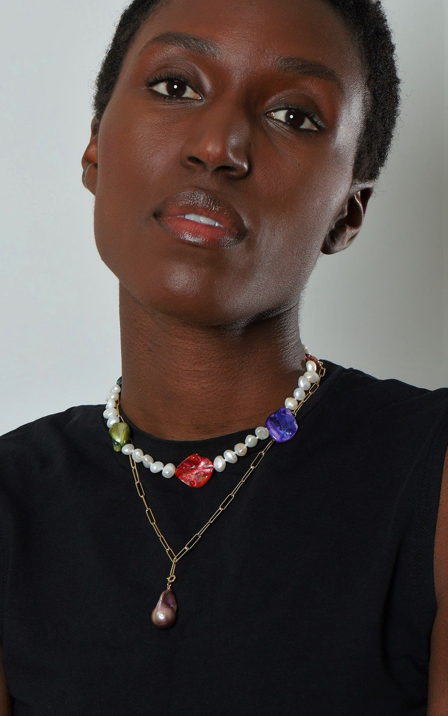 silver gold plated paperclip chain necklace with a detachable lavender pink baroque pearl pendant 